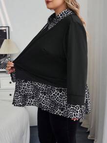 SHEIN CURVE+ 加大码女式豹纹拼布长袖宽松衬衫，适合初秋、返校季、万圣节秋季女装、冬季，CURVE PLUS - 彩色 - 查看 4
