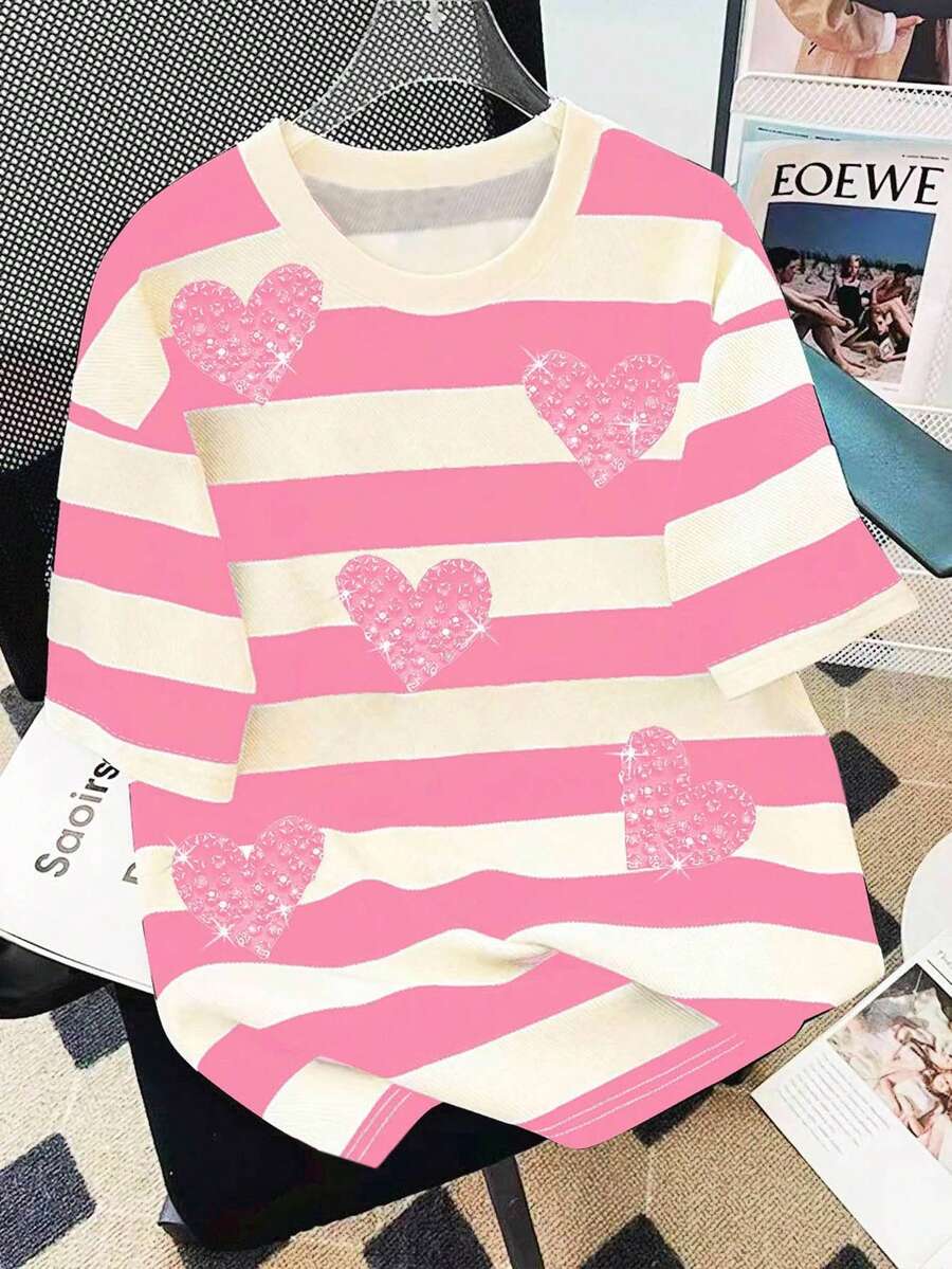 INAWLY 女士心形水钻装饰条纹圆领 T 恤 - 彩色 - 查看 1