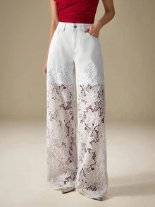 Selenza Quần Jeans Ống Rộng Phối Ren Hoa Chắp Vá Cho Nữ - trắng - Xem 8