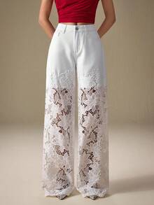 Selenza Quần Jeans Ống Rộng Phối Ren Hoa Chắp Vá Cho Nữ - trắng - Xem 3