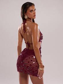 SHEIN BAE Vestido de punto con escote halter sin mangas y calado con decoración de lentejuelas para mujer