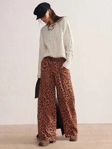 Bohemela Women's Pleated Pocket Leopard Print Wide Leg Loose Casual Jeans,Brown Summer Streetwear Night Out Animal Cheetah Print Pants Clothes - Brown - View 5