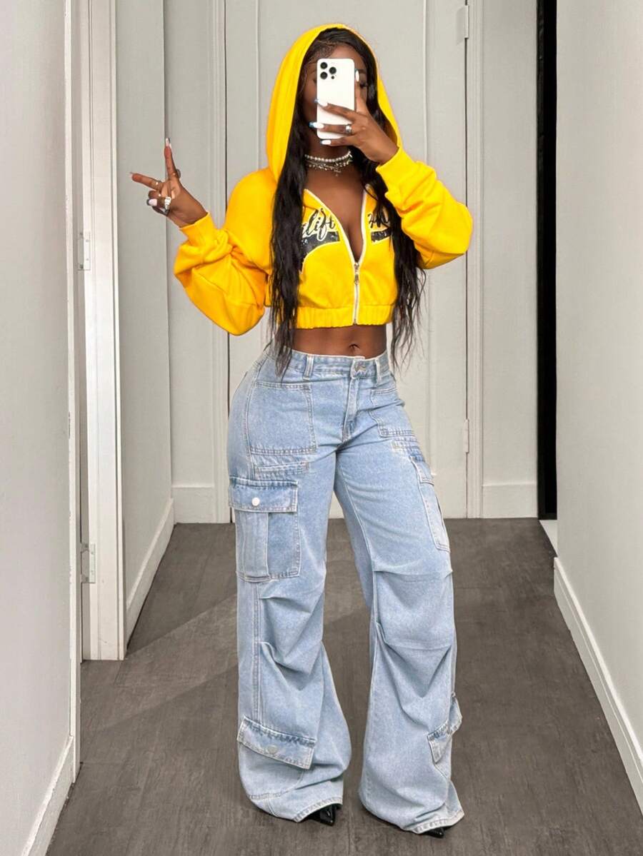 BamGleam 女式落肩字母印花拉链连帽休闲运动衫秋冬款黄色连帽衫 - 黃色 - 查看 1