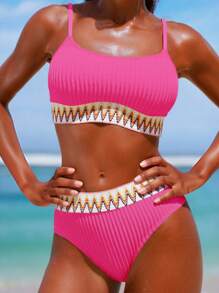 Swim Vcay Summer Beach Ribbed Bikini Set Contrast Trim Wireless Bra & High Waist Bikini Bottom 2 Pieces Bikini - Hot Pink - View 1