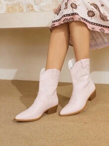 Styleloop 粉色西部靴女式尖头V形剪裁刺绣踝靴皮革女牛仔马靴，适合万圣节、圣诞节、秋季服装、女牛仔、核心 - 粉色 - 查看 6