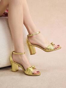 Rosivie Women's Round Toe Thick Heel Hollow Woven Elegant Versatile Comfortable Vacation Roman Sandals, Gold High Chunky Heel Sandals