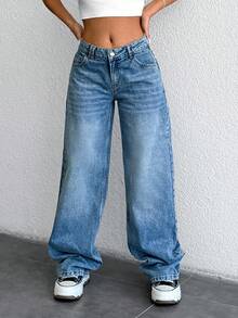 CasuGlow 100%Cotton Low Waist Straight Cut Jeans - Medium Wash - View 5