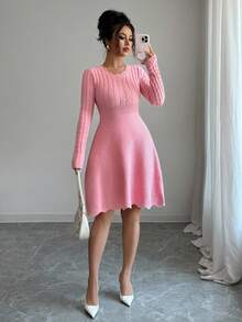Elenzga 女士束腰 A 字形连衣裙，时尚优雅的粉色麻花针织毛衣裙