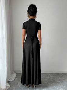 Elenzga Đầm Maxi Tay Ngắn Thắt Nơ Lưng Chữ A Lưng Cao Màu Nâu Thanh Lịch Cho Nữ - màu đen - Xem 2