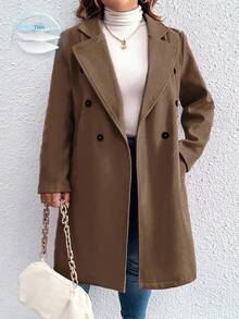 Elenzga Plus Size Casual Solid Color Double-Breasted Overcoat, Autumn/Winter Fall Cloth For Women - Coffee Brown - View 1