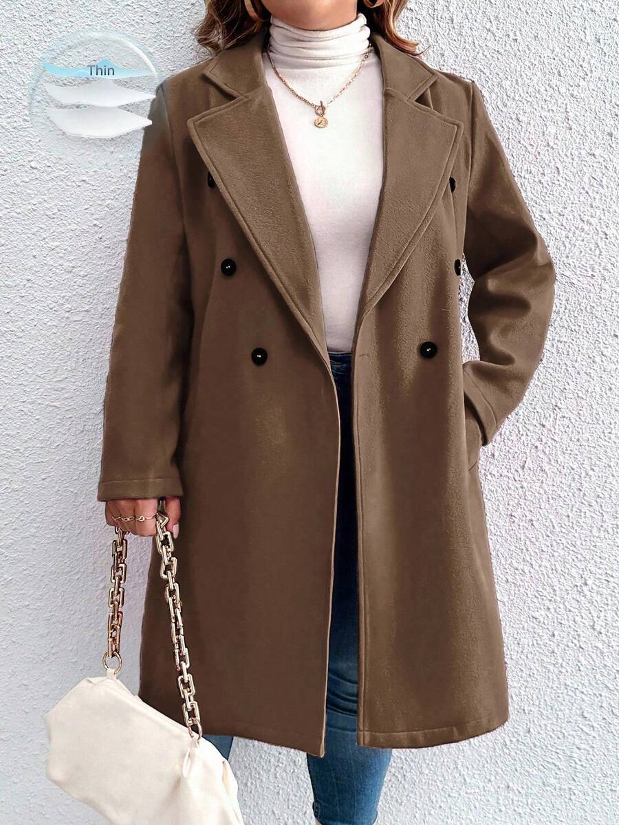 Elenzga Plus Size Casual Solid Color Double-Breasted Overcoat, Autumn/Winter Fall Cloth For Women - Coffee Brown - View 1
