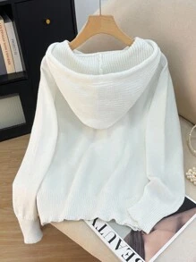Franclia 女式休闲纯色长袖连帽毛衣，带仿口袋，秋冬 - 白色 - 查看 2