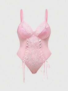 ROMWE Kawaii Bộ đồ lót gợi cảm cỡ lớn với ren và lưới phối hợp, thắt nơ. - Hồng - Xem 1