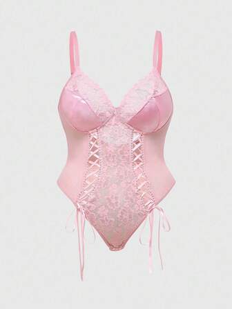 Kawaii Mono de lencería con parches de encaje y malla, con lazo, para tallas grandes