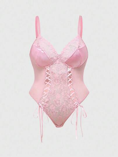 Kawaii Body sexy taglie forti in pizzo e rete con patchwork e fiocco