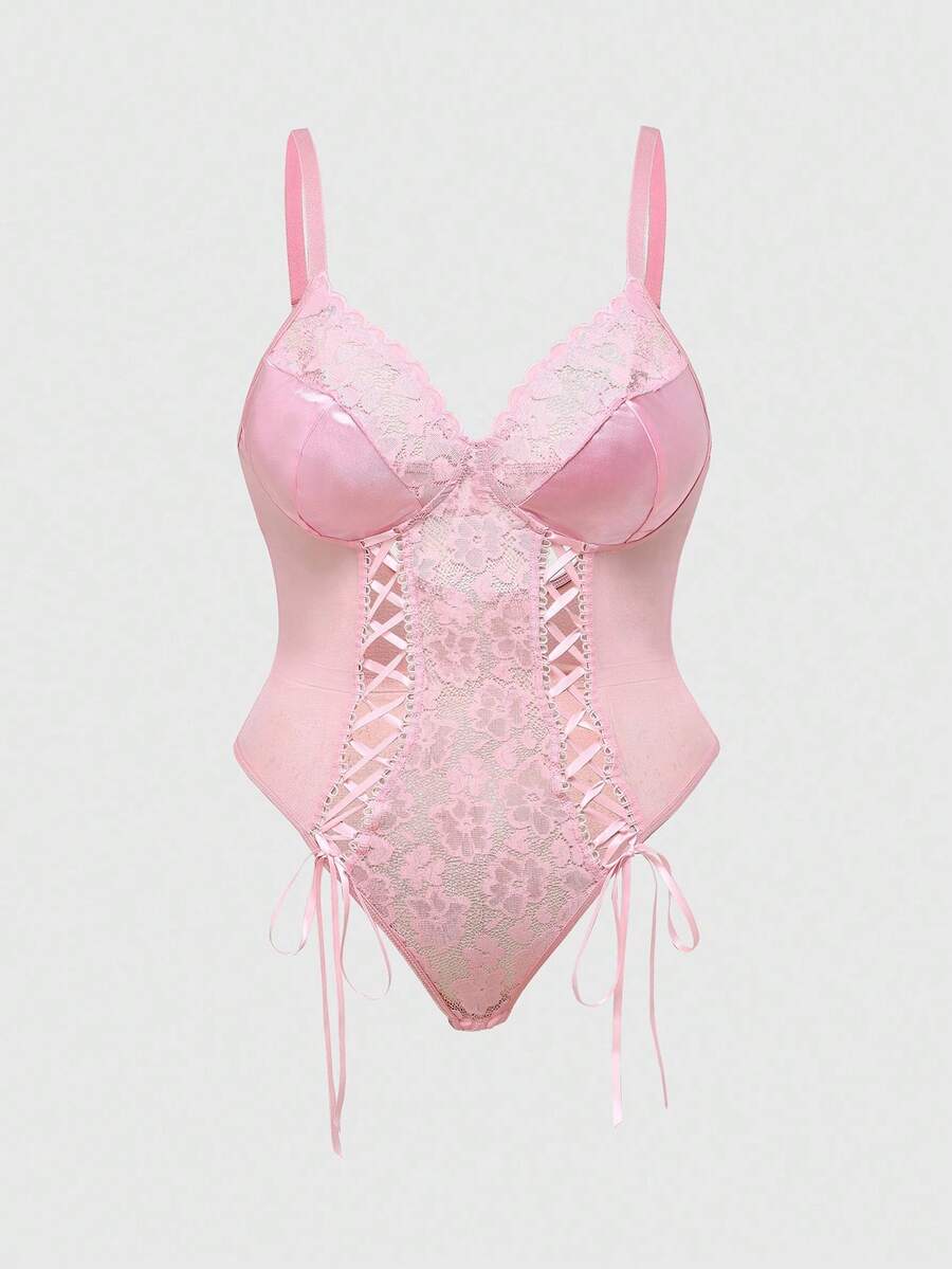 ROMWE Kawaii Bộ đồ lót gợi cảm cỡ lớn với ren và lưới phối hợp, thắt nơ. - Hồng - Xem 1