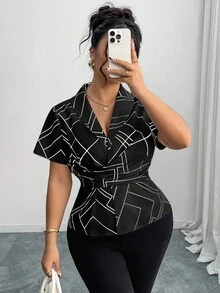 Elenzga Plus Size Women Twist Knot Collar Cinched Waist Geometric Lines Shirt - Black and White - View 6