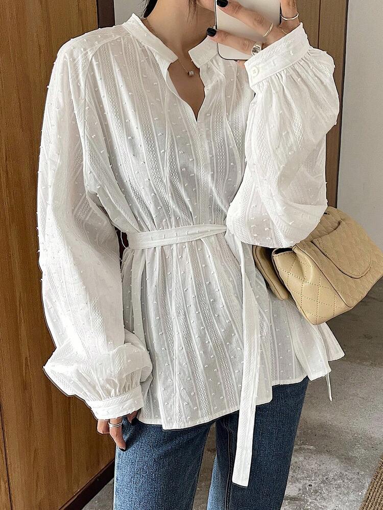 Women's Textured Fabric Stand Collar Half-Zip Waist Belt Decor Pullover Casual Shirt For School/Work Long Sleeve