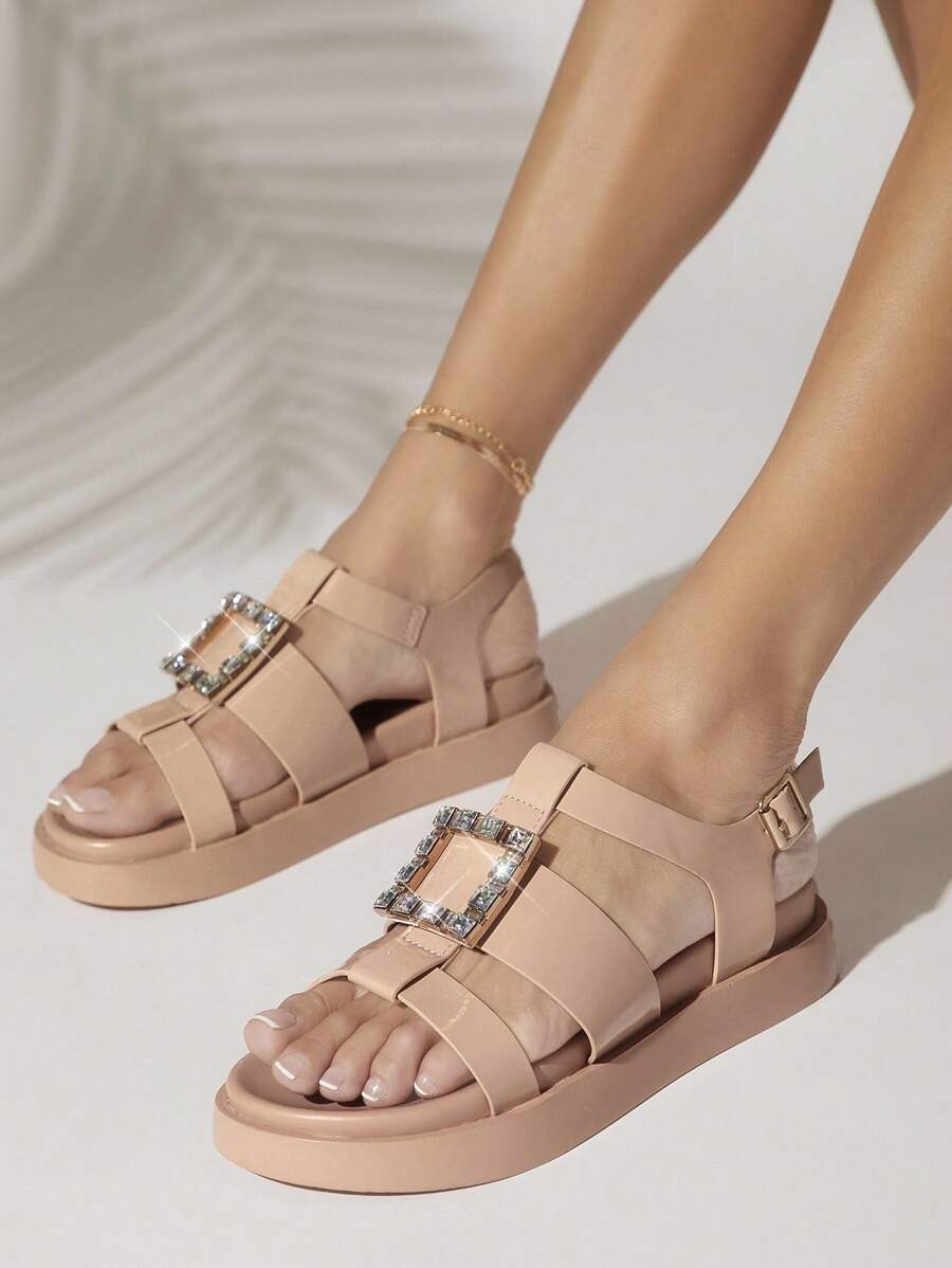 SHUZIA Dép đế bằng thoải mái ngoài trời cho nữ có trang trí đá Rhinestone mới, có thể kết hợp với mọi trang phục - Màu be - Xem 1