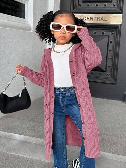 Young Girl Loose Fit Hooded Long Cardigan Sweater Cable Knit Cardigan Girls Kids Knit Cardigan Girls Long Cardigan Pink Cardigan Girls,Herbst,In Fall/Winter
