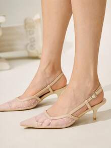 CUCCOO CHICEST Apricot Polka Dot Mesh Bow Kitten Heel Pointed Toe Fashion Romantic Party Wedding High Heel Pumps For Christmas - Apricot - View 3