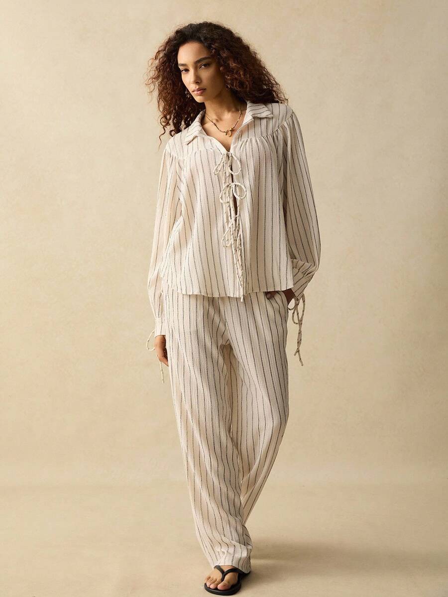SoleilVie 2pcs Set: Tie-Up Long Sleeve Shirt And Loose Pants Fall Cloth For Women - Apricot - View 1