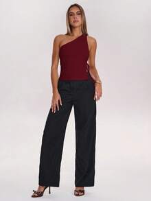 SHEIN BAE Women's Solid Color Asymmetric Shoulder Tie Strap Camisole,Red Top