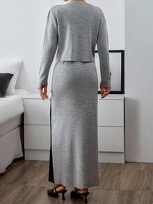 EURMUSE Ensemble deux pièces en tricot pour femmes avec patte de boutonnage contrastée et silhouette longue - Gris - Voir 2