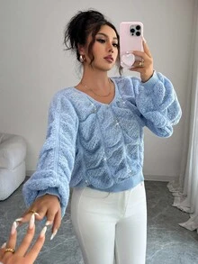 Selianne Women's Loose V-Neck Hollow Ruffled Rhinestone Design Versatile Casual Daily Party Pullover Sweater, Autumn/Winter Fall Cloth For Women - Blue - View 1