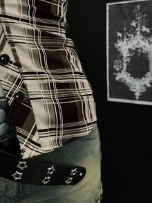 EgrlEra 女式 Y2K 哥特性感盖袖格子拼布衬衫 - 卡其色 - 查看 6