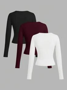 SHEIN EZwear 3-częściowy damski zestaw koszulek z długim rękawem i golfem, w kolorze czarnym/bordowym/białym, jesień/zima - Wielokolorowe - Zobacz 2