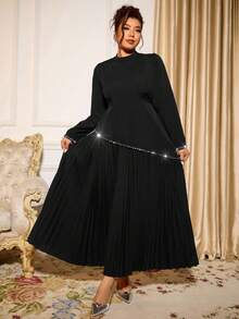 Cravure 大码女式新款长袖重彩褶饰喇叭下摆修身优雅浪漫约会派对连衣裙 - 黑色 - 查看 3