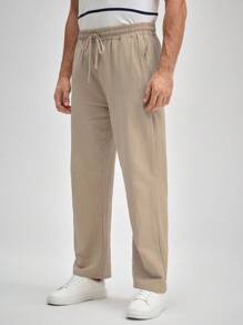 OFFICEAU Men's Linen Pants, Summer Drawstring Beach Breathable Long Trousers, Elastic Waist Casual Cargo Pants For Men, Suitable For Vacation, Commute, Relaxed Street Style, Old Money Spring To Summer - Khaki - View 4