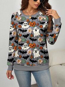 EMERY ROSE Plus Size Halloween Ghost Pumpkin & Bat Print Raglan Long Sleeve Sweatshirt Fall Cloth For Women Winter Autumn - Multicolor - View 3