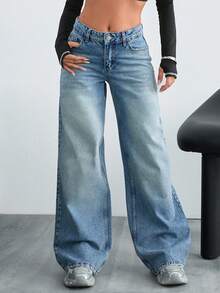 Damen Jeans mit tiefer Taille und weitem Bein - Mittele Waschung - Übersicht 3