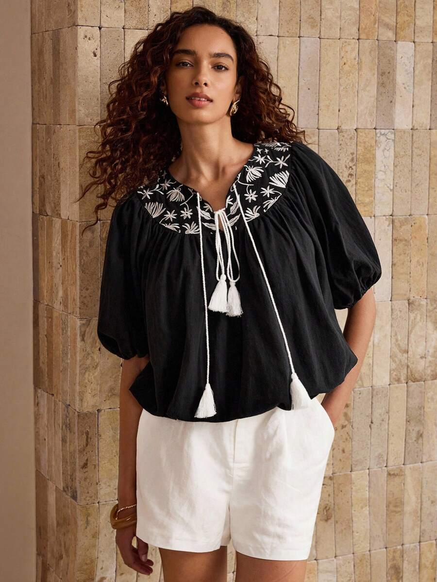 Glamance Vecteezy Women's Floral Embroidery Tassel Tie Neck Loose Blouse With Puff Sleeves, Vacation Style Going Out Fall Elegant Blouses Casual - Black - View 1