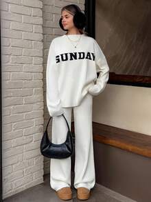 EURMUSE 象牙色宽松套装，搭配醒目的“SUNDAY”标语和阔腿裤 - 杏色 - 查看 4