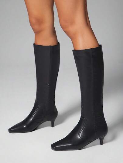 SHUZIA Women's Square Toe Kitten Heel Pull-On Knee High Boots