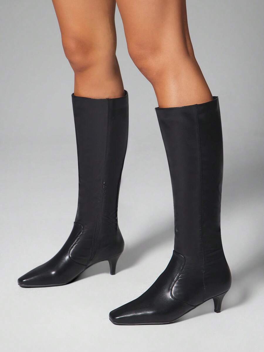 SHUZIA 女式方头小猫跟及膝套穿靴 - 黑色 - 查看 1