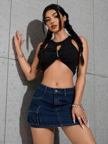 SHEIN PETITE 女式休闲牛仔口袋裙 - 藍色 - 查看 5