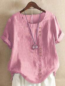 EMERY ROSE 女士時尚純色短袖襯衫，附有按鈕設計 - 粉色 - 查看 1