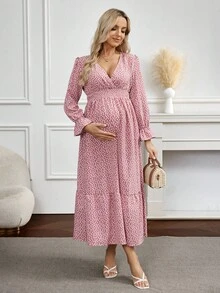 SHEIN Maternity Ditsy Floral Fashionable Versatile Ruffle Cuff Dress - Watermelon Pink - View 1