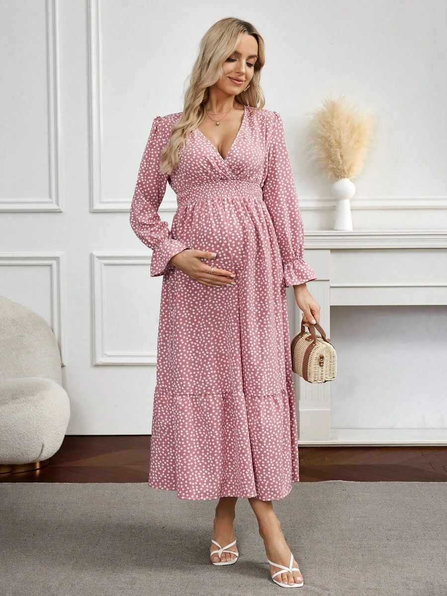 SHEIN Maternity Ditsy Floral Fashionable Versatile Ruffle Cuff Dress - Watermelon Pink - View 1