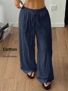Coolane Women's Summer Country Concert Going Out Beach Outfits Boho Basic Minimalist Washed 100%Cotton White Pants Curved Hem Pants Loose Pants For Women Cotton Pants,Fall - Navy Blue - View 4