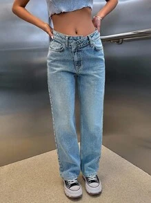 CasuGlow 100% Cotton HIGH RISE ASYMMETRIC BELT STRAIGHT CUT JEAN - Light Wash - View 4