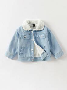 Baby Boy Autumn/Winter Thickened Thermal Lined Baby Boy Denim Jacket With Collar, Pockets, Long Sleeve, Suitable For Casual Wear, School, Vacation, Halloween, Christmas Baby Boy Jean Jacket Denim Jacket Winter Boy Denim Baby Boy Winter Jacket Baby Jeans Jacket Baby Winter Jacket Fall - Blue - View 5