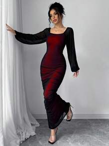 Elenzga Đầm lưới thêu tay dài thanh lịch dành cho nữ, cổ tròn, ren tương phản - Đỏ - Xem 4