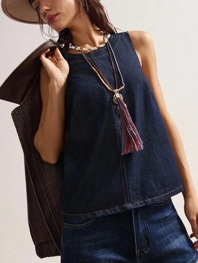 Bohemela 女式夏季休闲宽松无袖牛仔衬衫女式无袖上衣牛仔上衣、女式西部服饰、秋季上衣、波西米亚风女装、女式休闲上衣、女式牛仔、女式秋季上衣、波西米亚风上衣