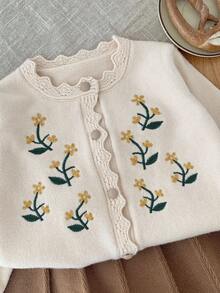 Emery Rose Kids Emery Rose Kids Young Girls 2pcs Set: Embroidered Sweater Cardigan & Contrast Color Skirt, Suitable For Picnic, Home, Casual Daily, Back To School, Warm & Comfortable, Suitable For Autumn/Winter, Long Sleeve Cardigan, Contrast Skirt, Embroidered Sweater Toddler Girl Clothes Set Baby Girl Flower Outfit Set Toddler Girl Floral Outfit 2pcs Set Toddler Girls Girls Knit Set 2pcs Set Toddler Girls Cute Vintage Style Toddler Girl Sweater Set Toddler Girl Spring Outfit Baby Girl Floral Outfit Set 2 Piece Knit Set Todd Fall