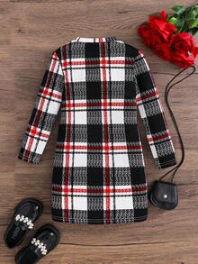 SHEIN Vestido de punto elástico a cuadros de manga larga para niñas, adecuado para uso diario casual, fiestas, vuelta al colegio, Halloween, Navidad, otoño/invierno - Blanco y Negro - Ver 6